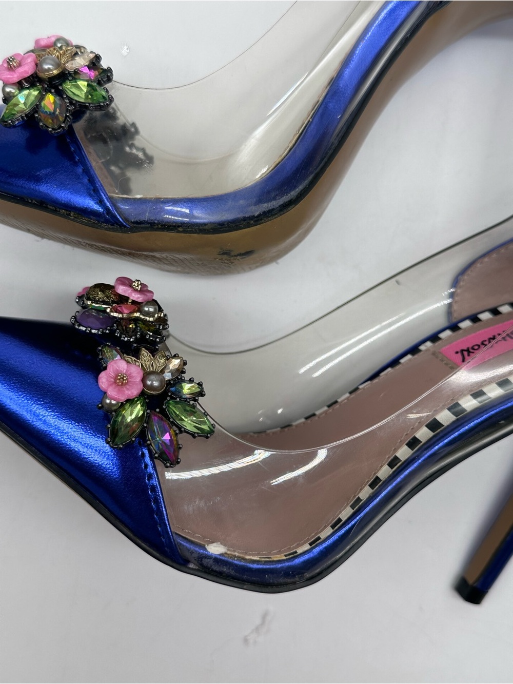 Betsey Johnson Metallic Royal Blue Pointed Toe Pumps with Floral Jewels - Picture 9 of 13